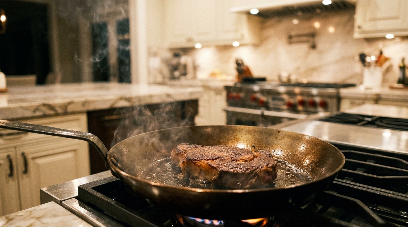 Searing Steaks at 600 °F: PFAS-Free Pan or Outdoor Grill?